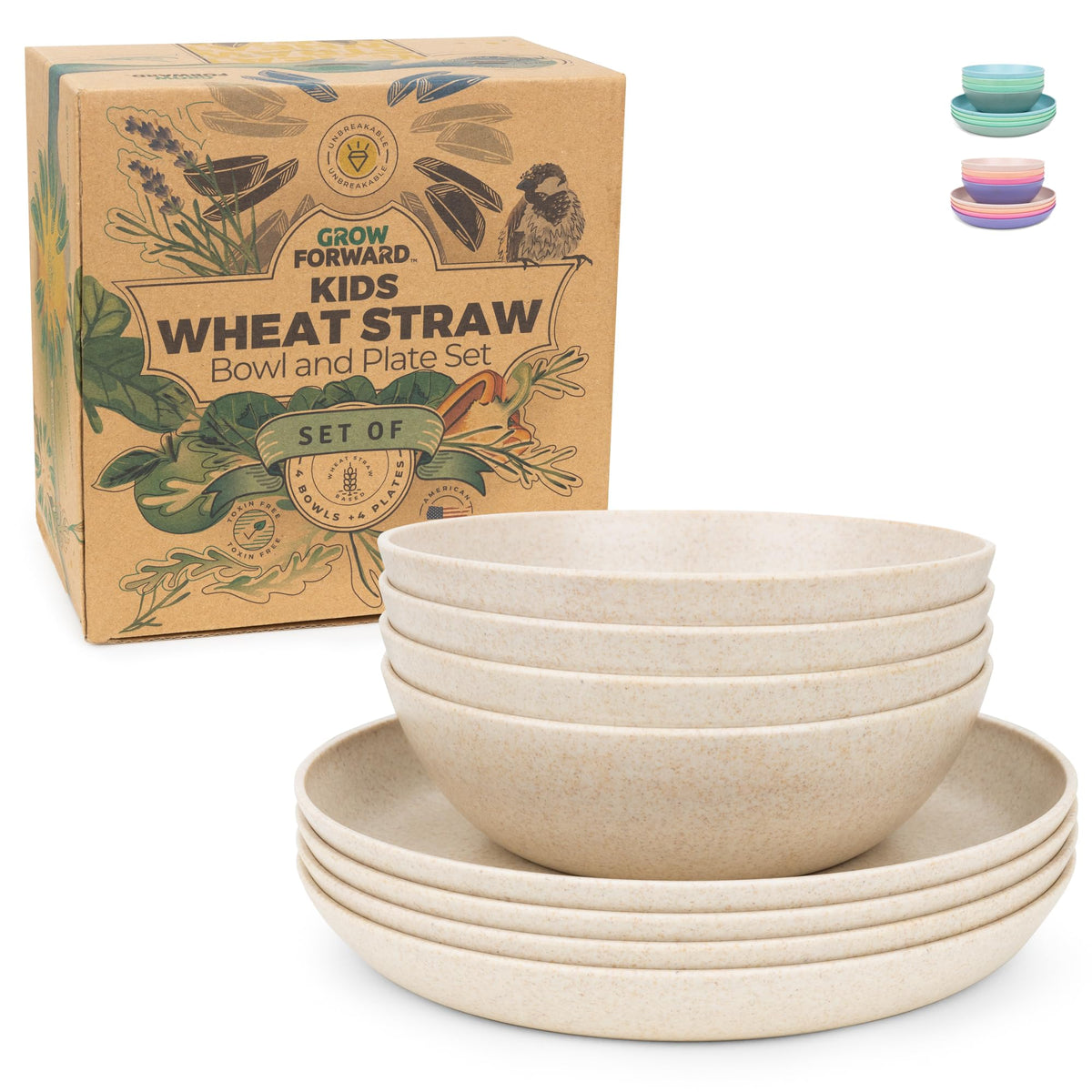 Grow Forward Wheat Straw Kids Plates and Bowls Sets - 8-Piece Unbreakable Dishwasher & Microwave Safe Plastic Plates for Kids - Reusable Non Toxic BPA-Free Dinnerware for Children - Floral