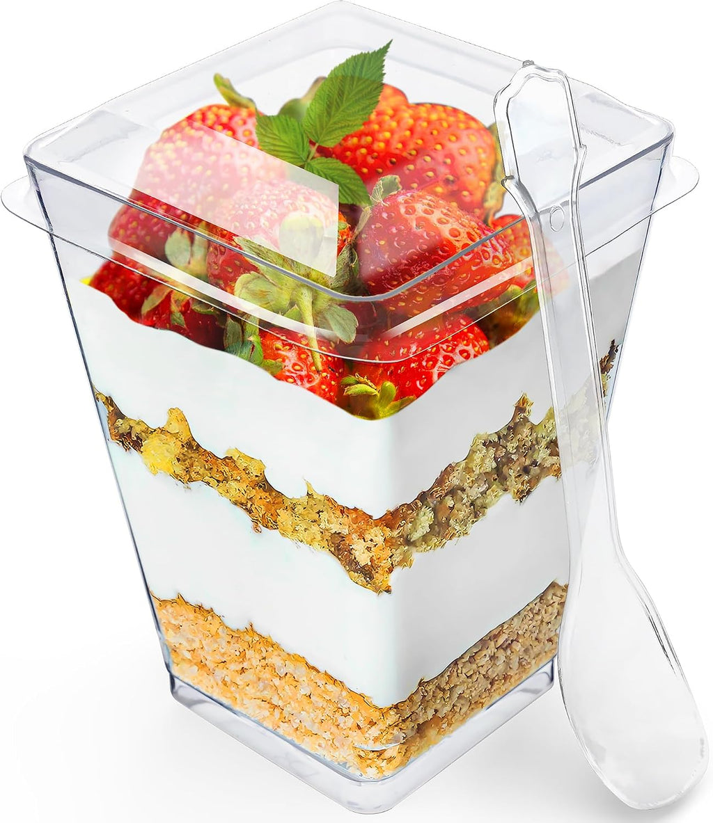 100 Pack 5 oz Dessert Cups with Lids and Spoons, Plastic Parfait