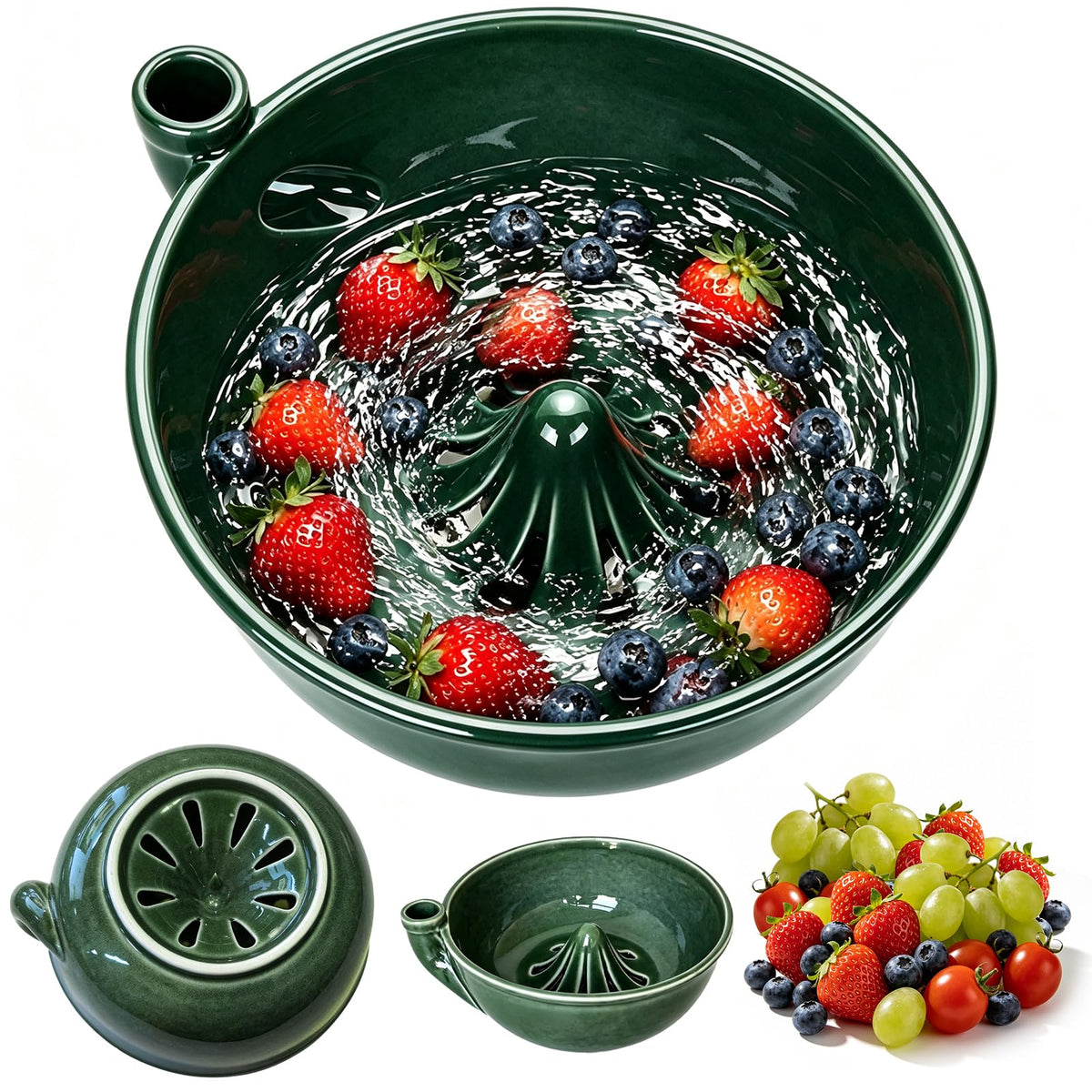 Ceramic Berry Washing Bowl with Auto-Spin Swirl Drainage