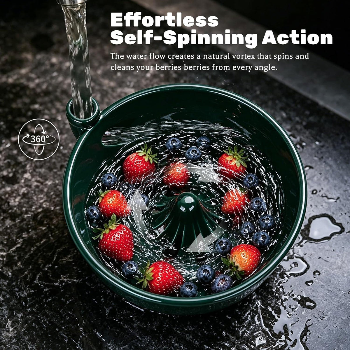 Ceramic Berry Washing Bowl with Auto-Spin Swirl Drainage