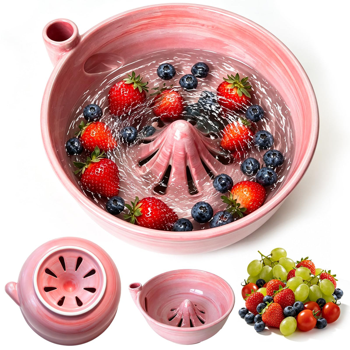 Ceramic Berry Washing Bowl with Auto-Spin Swirl Drainage