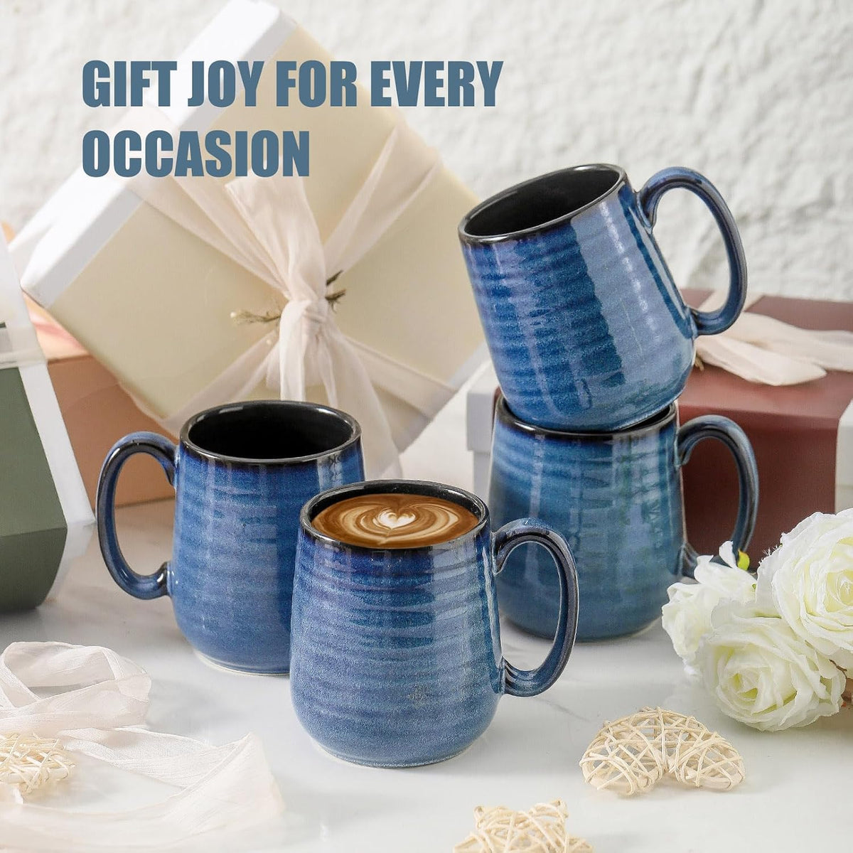 HASENSE Coffee Mugs, 15 Ounce Ceramic Coffee Mug Set of 6, Reactive Glaze Tea Cups with Handle for Milk, Hot Cocos, Latte, Stylish Blue Cup Gift for Man and Women, Dishwasher and Microwave Safe