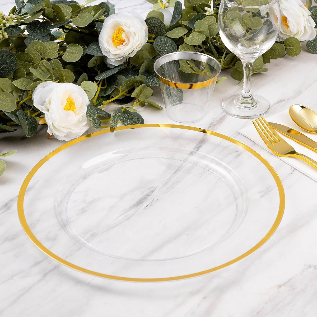 Goodluck 100 Pack 12 Inch Clear Charger Plates with Gold Rim