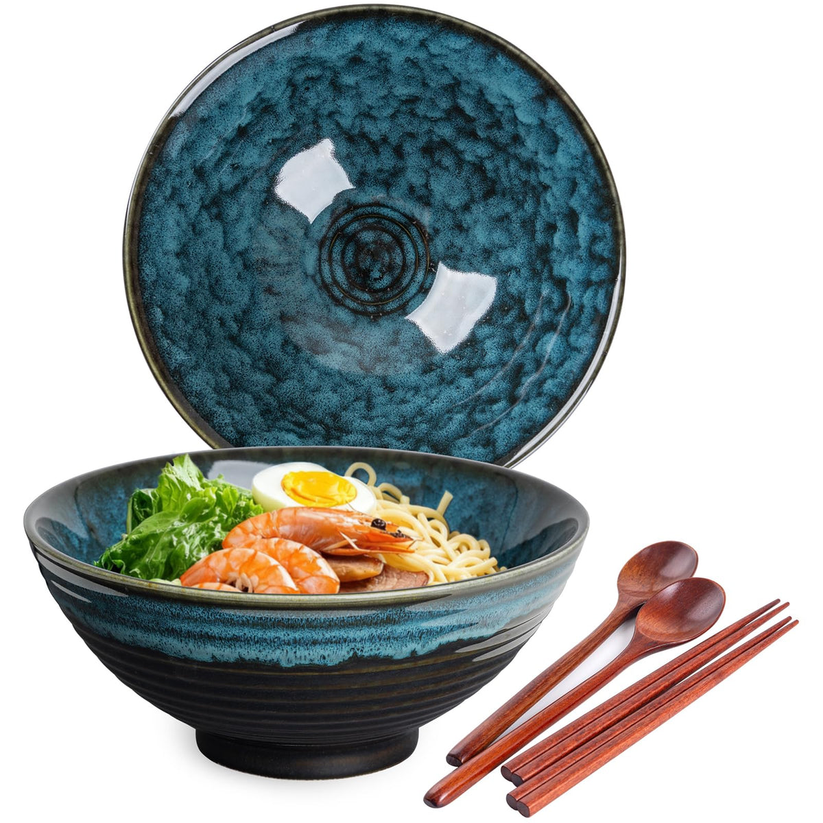 Ceramic Japanese Ramen Bowl Set, 2 Sets Asian Pho Udon Soup Noodle Bowls with Spoons and Chopsticks (Peacock Green, 8 inches)