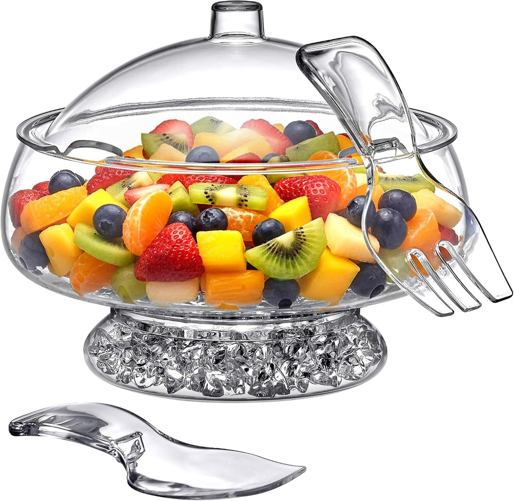 Amazing Abby - Ice Bed - Acrylic 5-Quart Salad Bowl with Built-in Ice Base and Lid, Plastic Clear Serving Bowl with Integrated Servers, Keeping Salad Cold and Fresh for Party, Picnic, Outdoor Dining