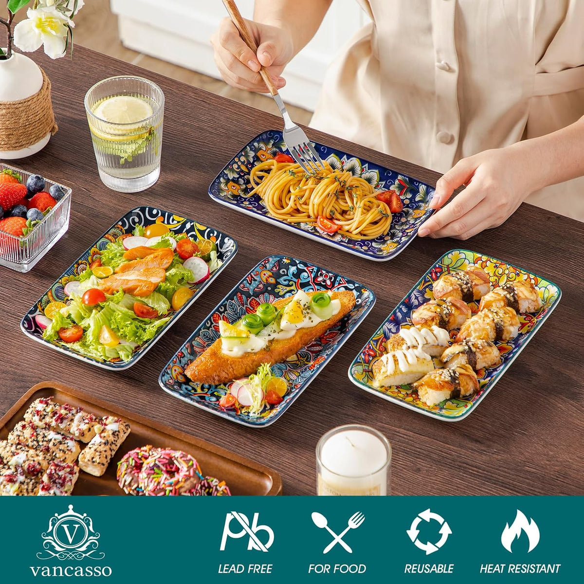 vancasso Simi 6-Piece Rectangular Ceramic Plates Set, 8.5" x 5.1" Small Dessert & Sushi Plates, Bohemian Appetizer Serving Plates, Microwave & Oven Safe Porcelain Plates