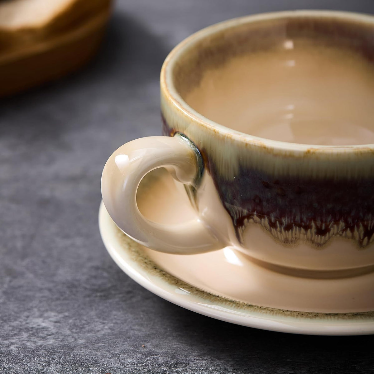 Coffeezone Vintage Design 12 oz Ceramic Latte Art Cappuccino Barista Cup with Saucer (Brown)