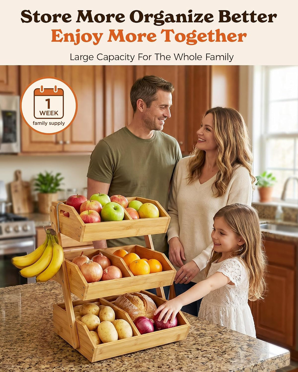Sevenblue 3-Tier Bamboo Fruit Basket with 2 Banana Holders