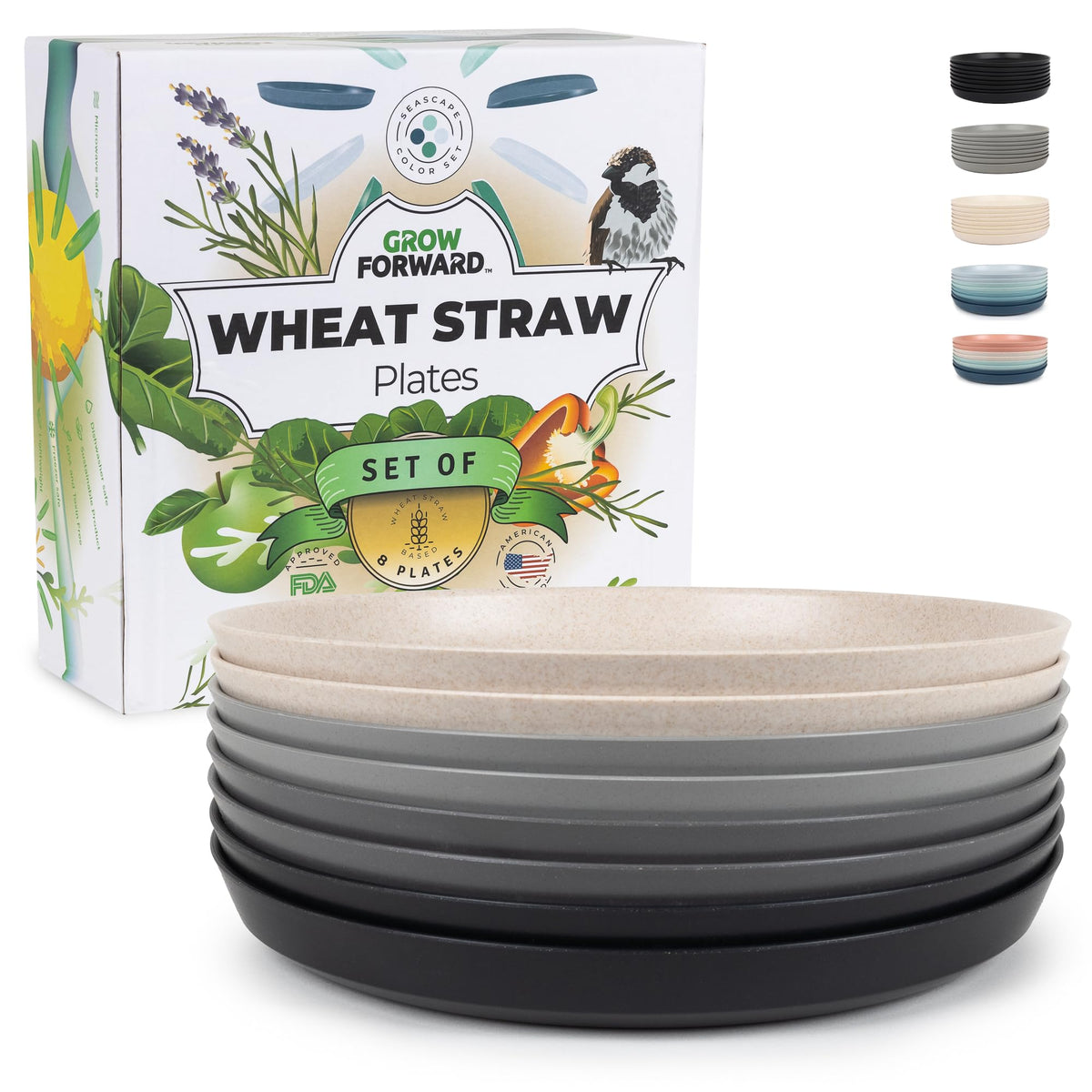 Grow Forward Premium Wheat Straw Plates - 8 Inch Reusable Hard Plastic Dinner Plates Set of 8 - Unbreakable Microwave Safe Plates for Dessert, Camping, RV, Outdoors, Patio, Kitchen Dishes - Sahara