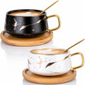 Peohud 2 Pack Ceramic Tea Coffee Cup, 10 OZ Coffee Mug with 304 Stainless Steel Spoon and Bamboo Saucer, Marble Espresso Cups for Latte, Cappuccino, Americano, White and Black