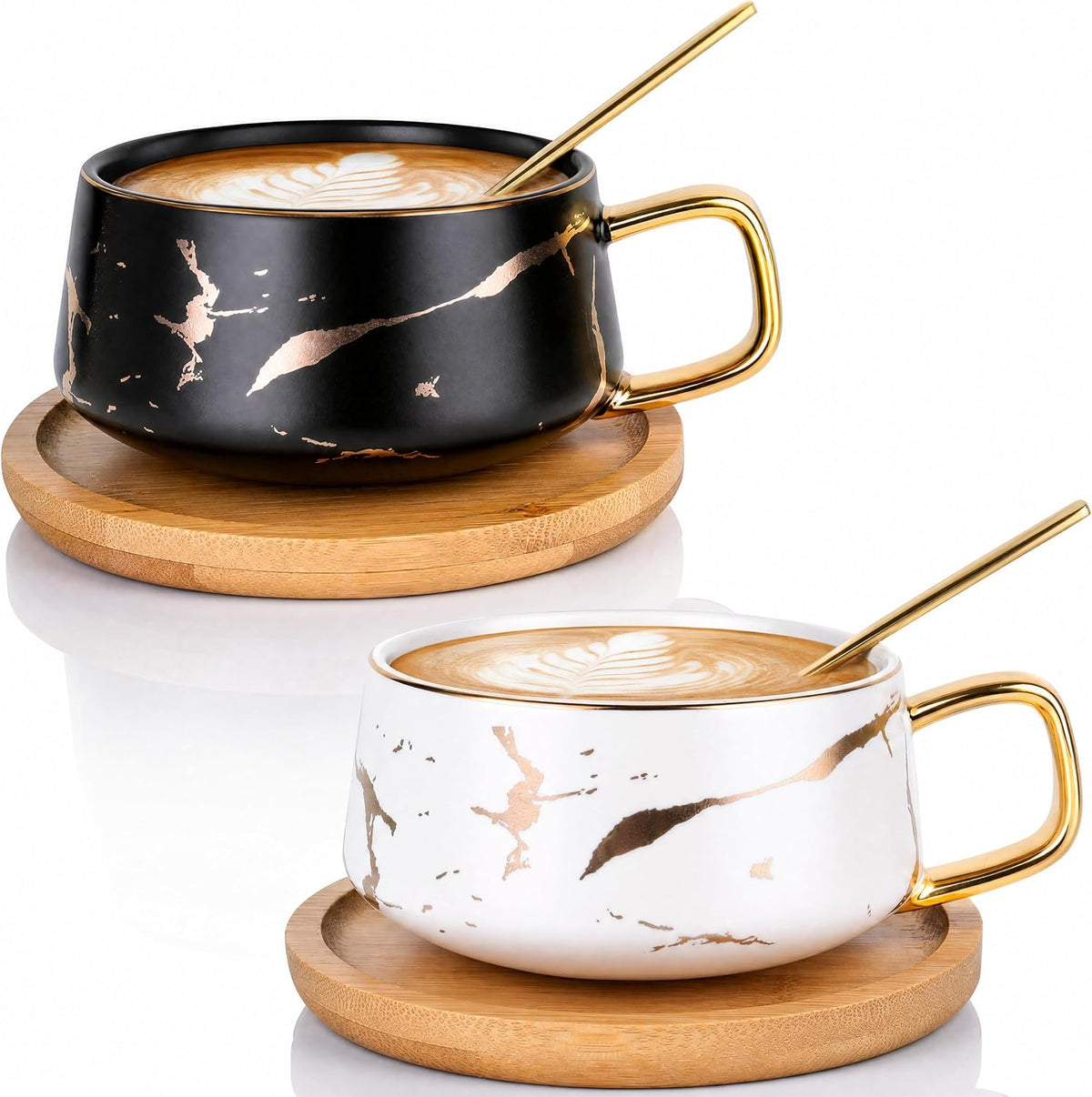 Peohud 2 Pack Ceramic Tea Coffee Cup, 10 OZ Coffee Mug with 304 Stainless Steel Spoon and Bamboo Saucer, Marble Espresso Cups for Latte, Cappuccino, Americano, White and Black