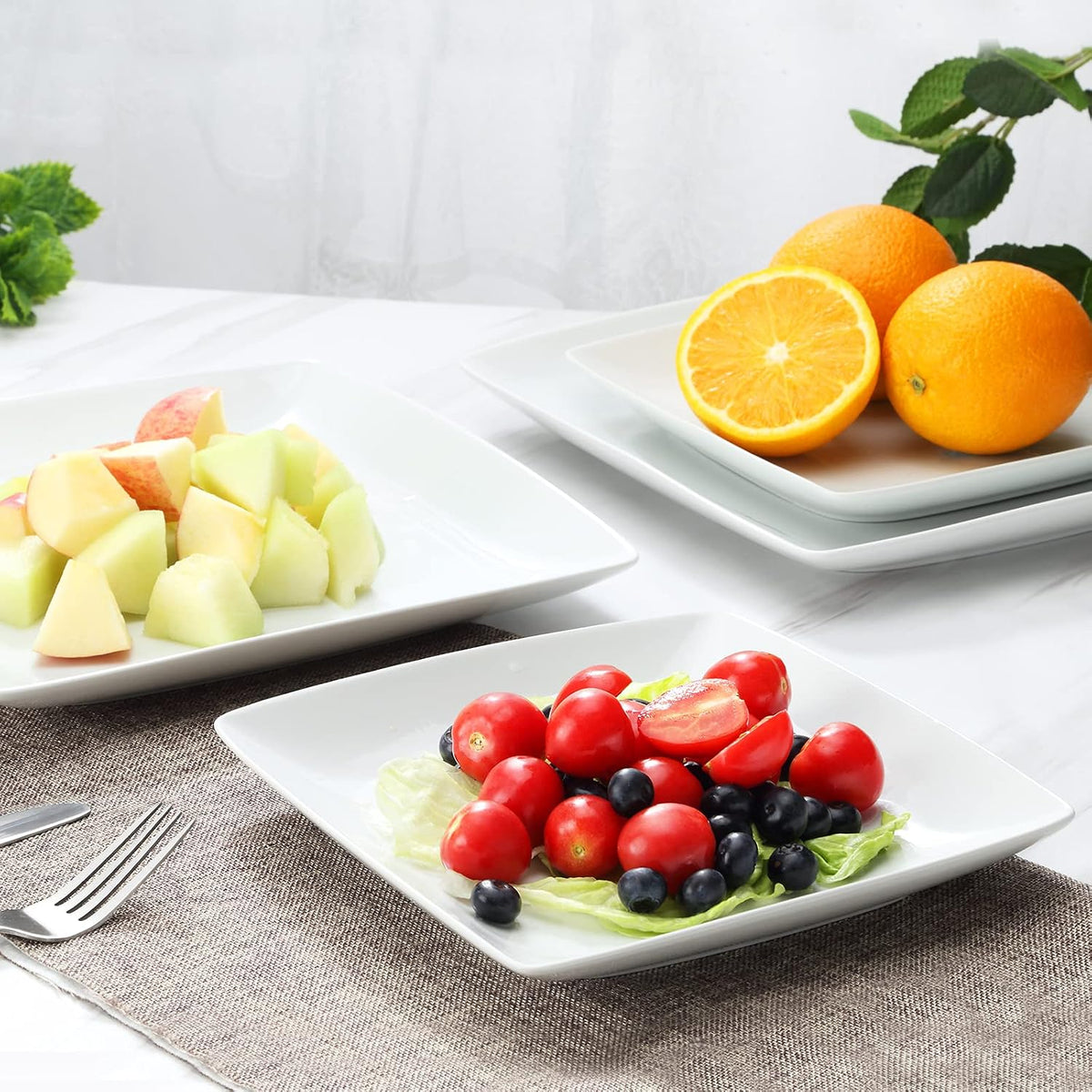 Porcelain Square Dinner Plates, 10.75 Inch Square Serving Plate for Steak, Pasta, Salad, Snacks, Pizza, Appetizer Plates, Set of 6, White