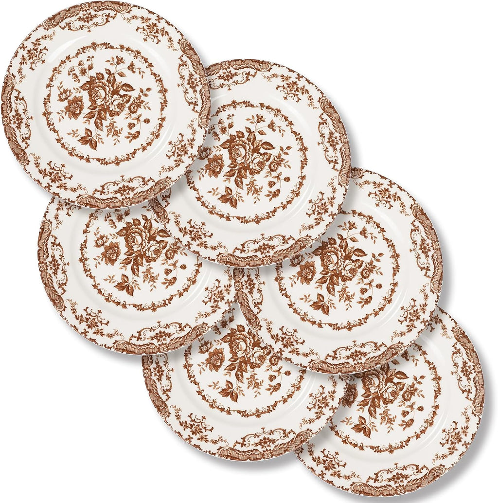 Salad Plates, 8.5 Inch Floral Plate, Brown, Ceramic, Set of 6