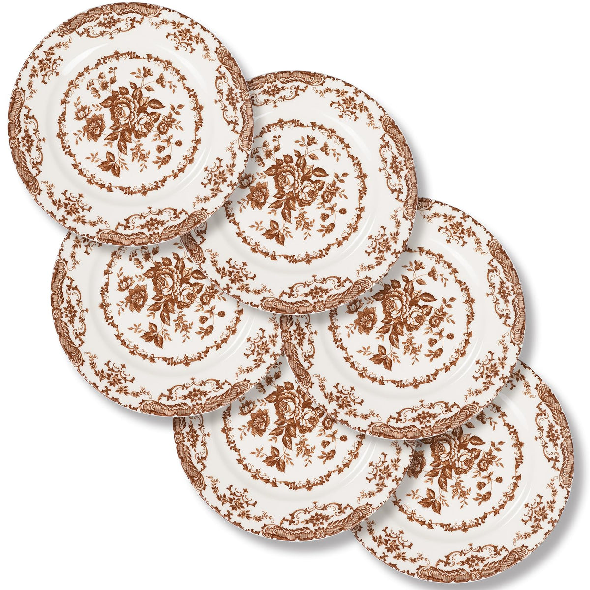 Salad Plates, 8.5 Inch Floral Plate, Brown, Ceramic, Set of 6