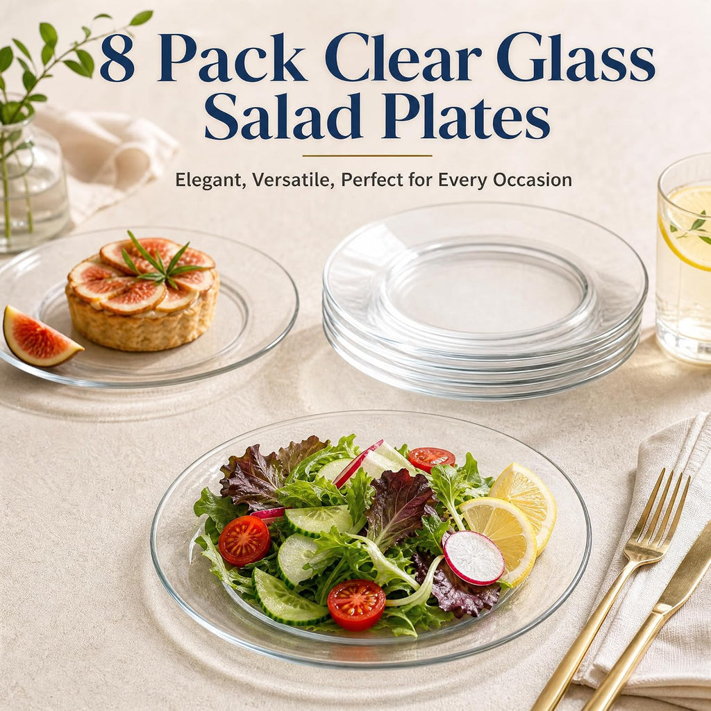 WUWEOT 8 Pack Glass Dessert Plate, 7.5" Clear Salad Plates Appetizer Plate, Snack Fruit Plate Cake Holder, Dishwasher Safe