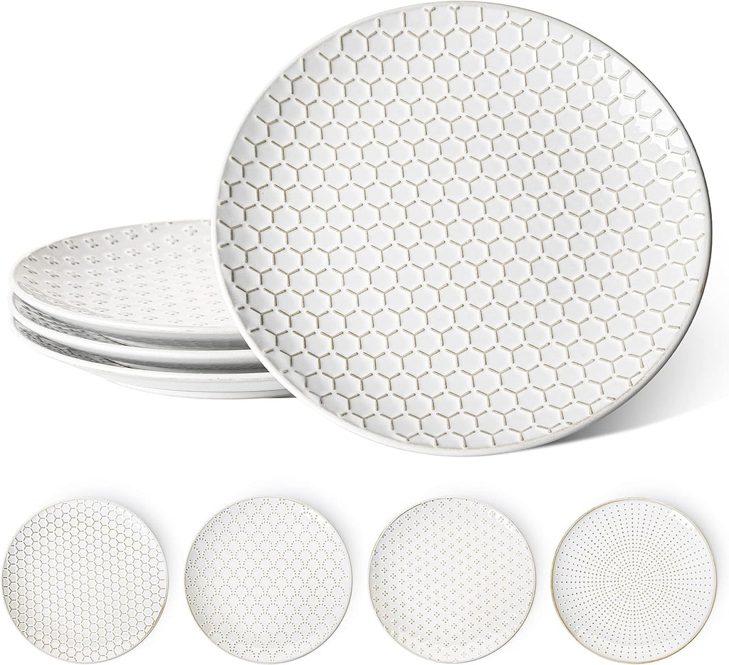 LE TAUCI Ceramic Dinner Plates Set of 4, 10 Inch Large White Plate Set for Kitchen, Microwave & Dishwasher Safe Dinnerware Sets, Scratch Resistant Serving Plates for Steak, Pasta - Embossed, White