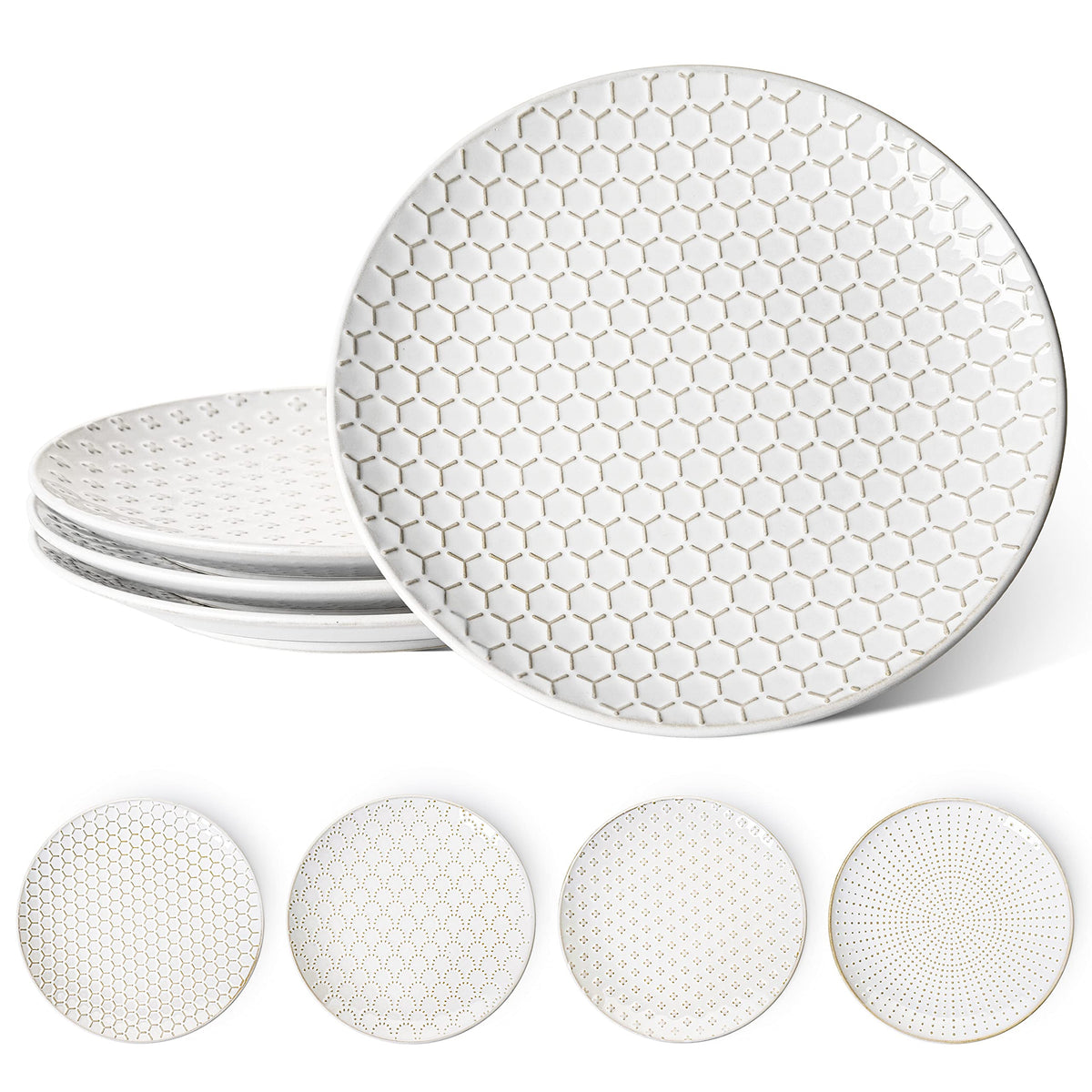 LE TAUCI Ceramic Dinner Plates Set of 4, 10 Inch Large White Plate Set for Kitchen, Microwave & Dishwasher Safe Dinnerware Sets, Scratch Resistant Serving Plates for Steak, Pasta - Embossed, White