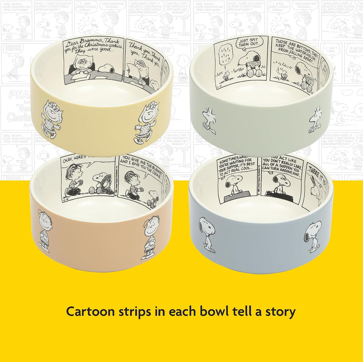 Peanuts Snoopy Bonbon Bites 4-Piece 5.5-Inch Decorated Stoneware Ceramic Stackable Bowl Set, Microwave & Dishwasher Safe Snack and Dessert Bowls