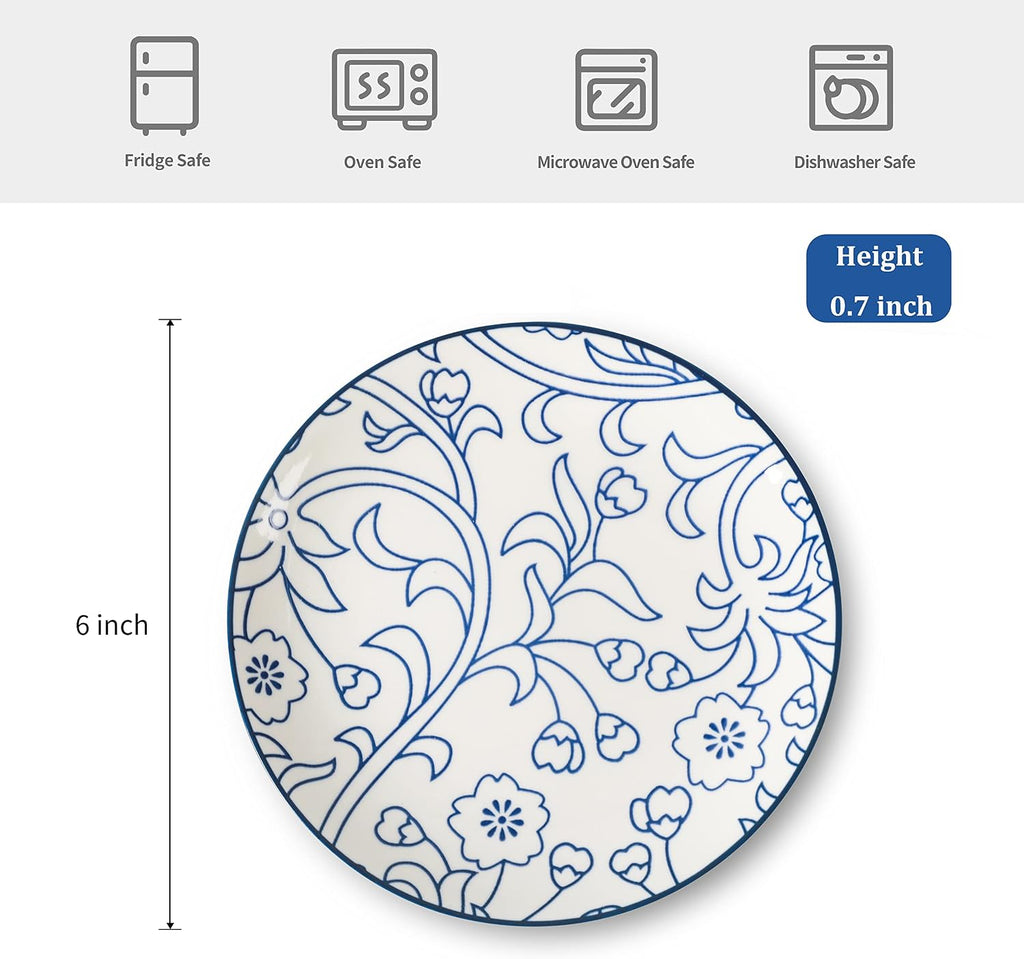 Selamica Ceramic Dessert Plates Set of 6, 6 Inch Small Plates, Vintage Blue