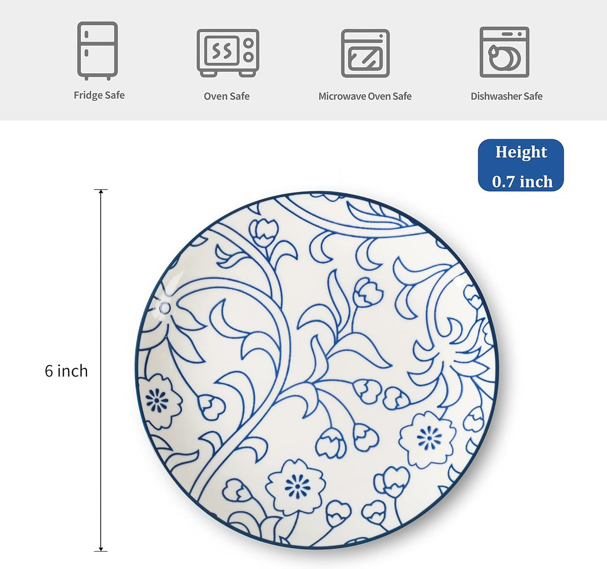 Selamica Ceramic Dessert Plates Set of 6, 6 Inch Small Plates, Vintage Blue