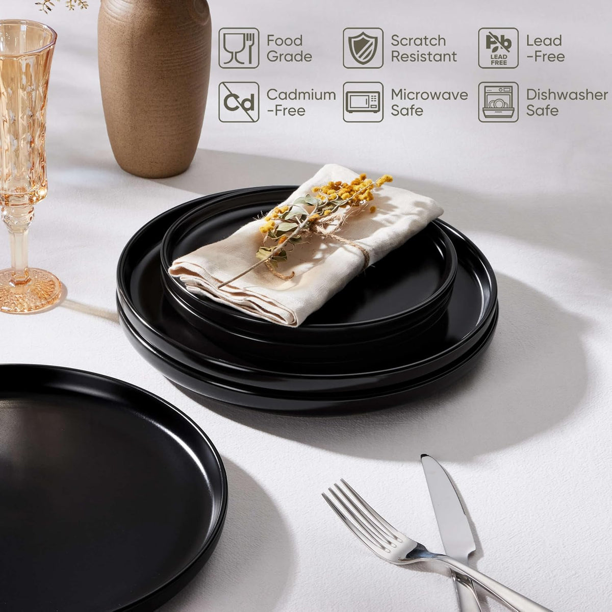 Herogo 4-Piece 10.43" Ceramic Stoneware Dinner Plates Set, Matte Black