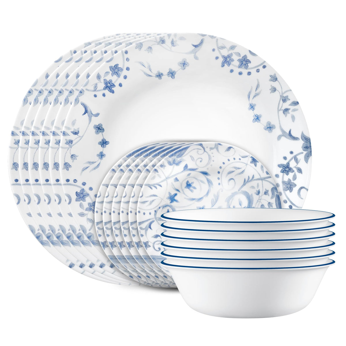Corelle Vitrelle 18-Piece Service for 6 Dinnerware Set, Triple Layer Glass and Chip Resistant, Lightweight Round Plates and Bowls Set, Portofino