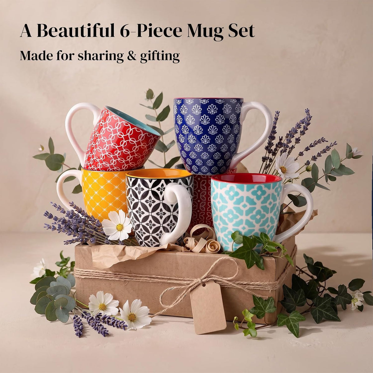 DOWAN 16 OZ Boho-Mosaic Coffee Mugs Set of 6, Large Ceramic Coffee Mugs with Handle, Bohemian Home Decor Gift Set for Housewarming, Wedding & Birthday