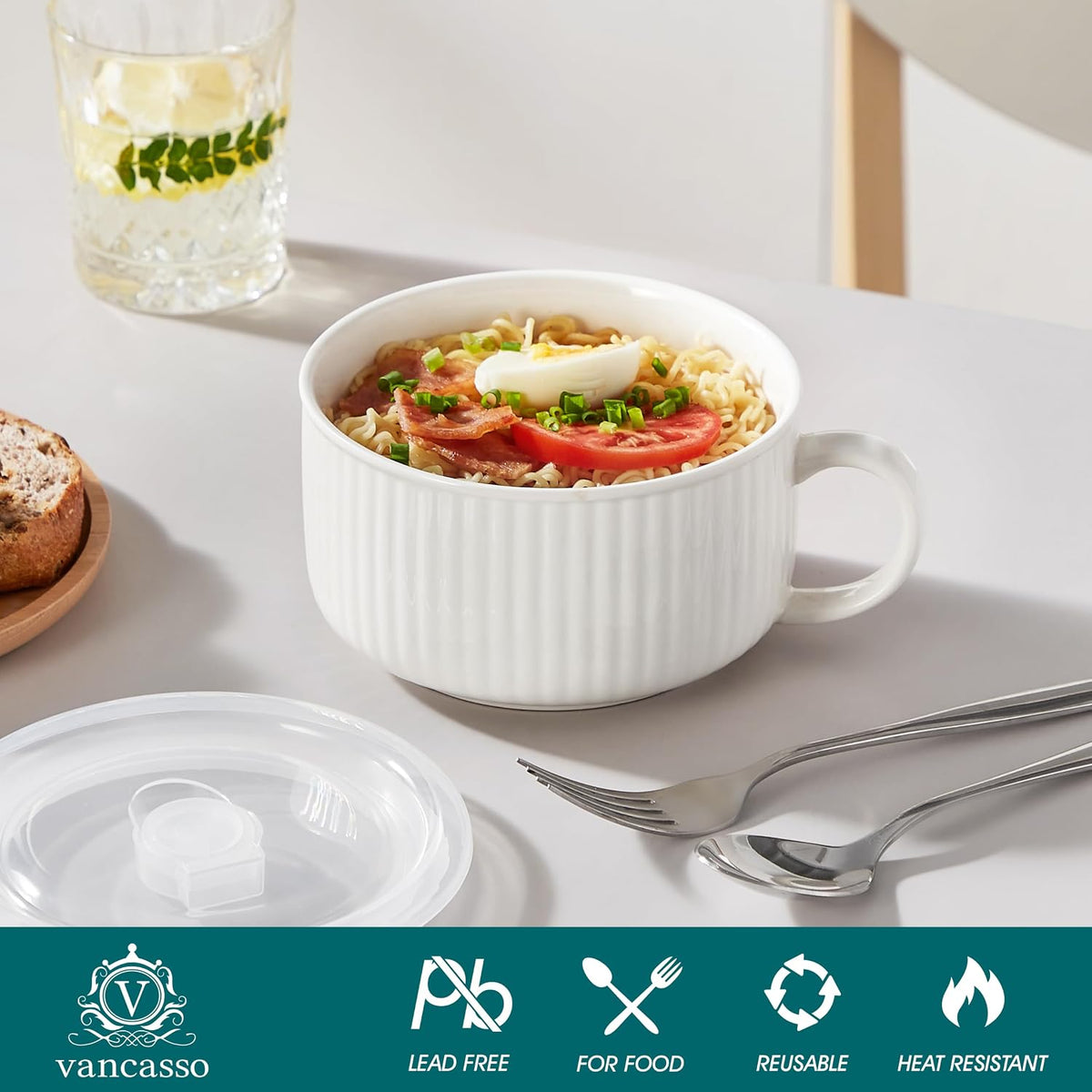 vancasso 38oz Soup Mug with Lid and Handle Steam Vent Bowl White 1 Pack