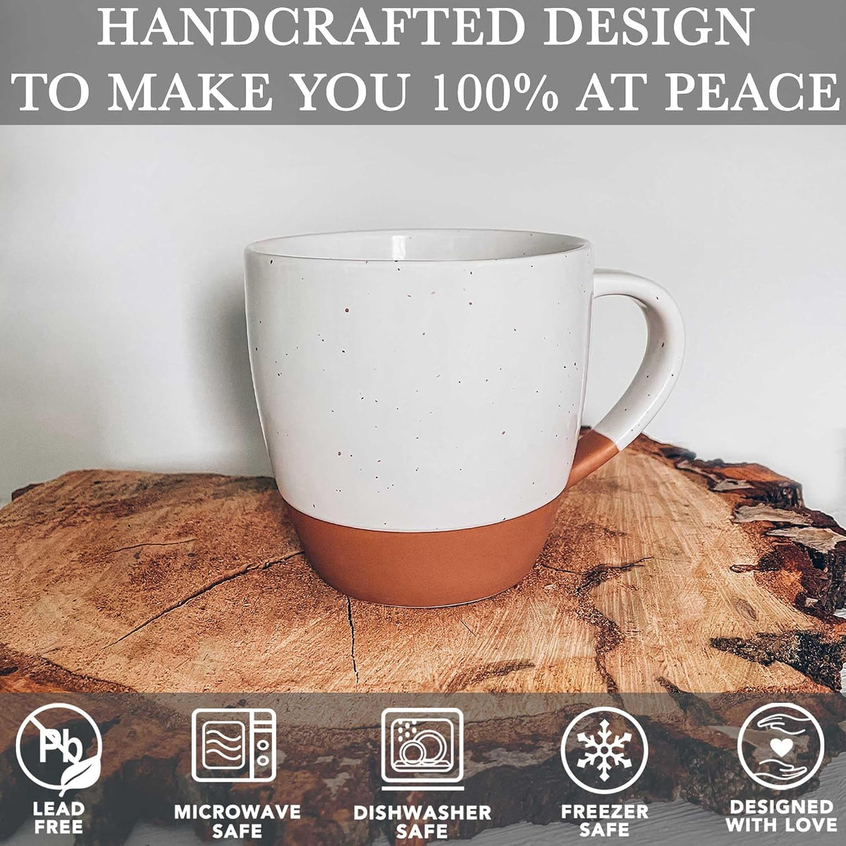 MORA Ceramic Large Latte Mug Set of 4, 16oz - Microwavable, Porcelain Coffee Cups With Big Handle - Modern, Boho, Unique Style For Any Kitchen. Microwave Safe Stoneware - Vanilla White