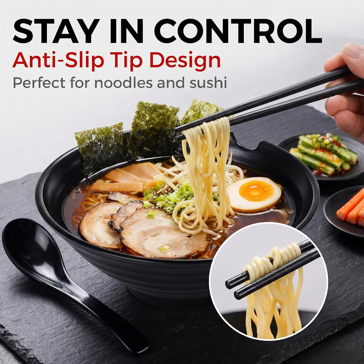 Unbreakable Japanese Style Ramen Bowl Set of 2, 37oz Black Large Matte Melamine Bowls and Spoons Set with Chopsticks & Saucers for Pho Thai Miso Udon Soup Noodles or Asian Food