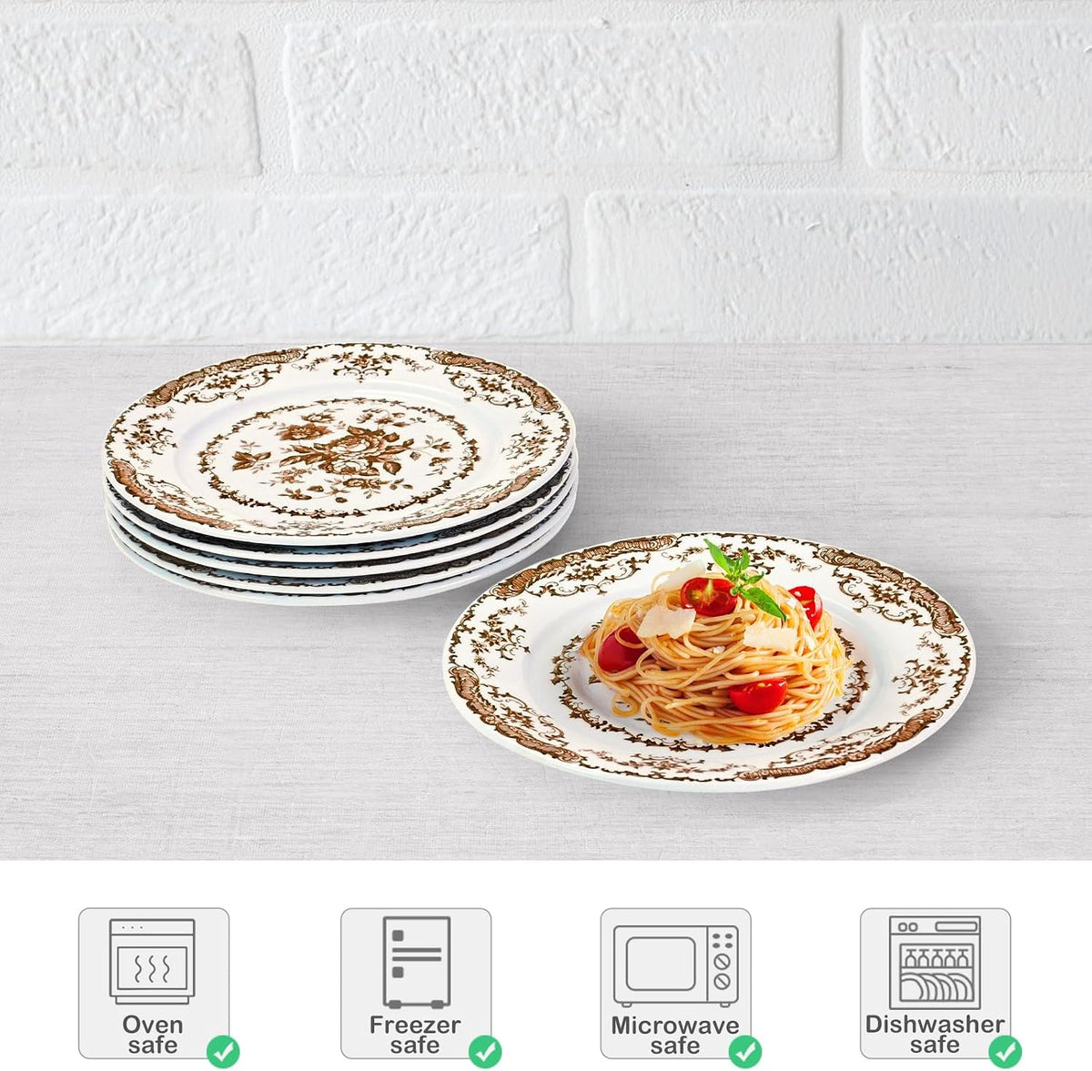 Salad Plates, 8.5 Inch Floral Plate, Brown, Ceramic, Set of 6