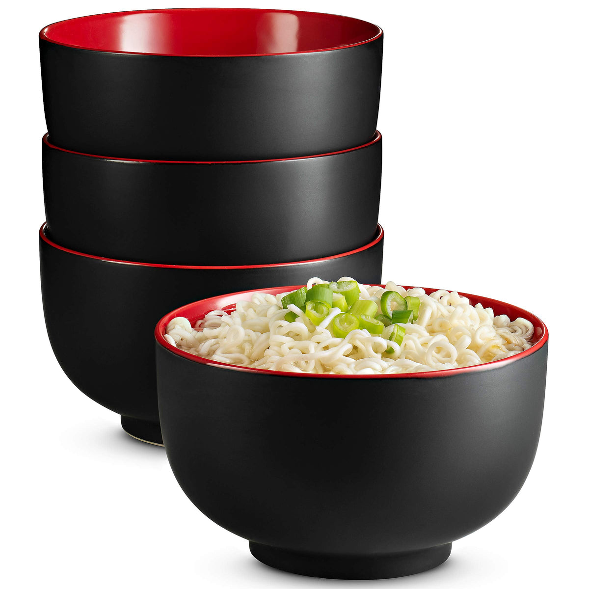 KooK Ceramic Japanese Noodle Bowl Set, 34 oz, Set of 4, Black/Red