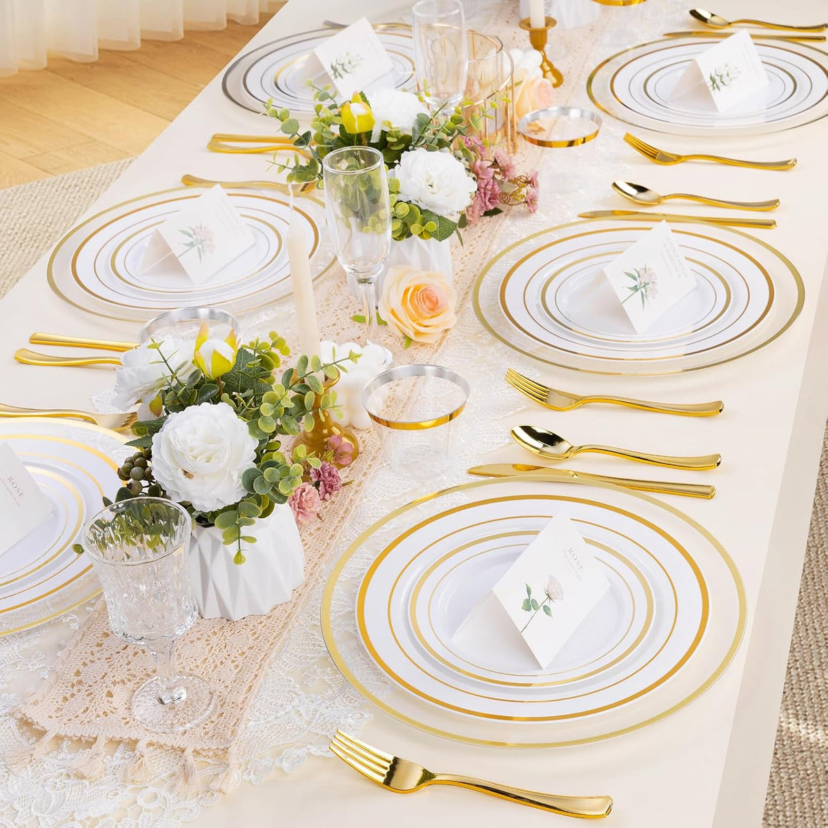 BESTSTAR 50 Pack 12 Inch Clear Charger Plates with Gold Rim