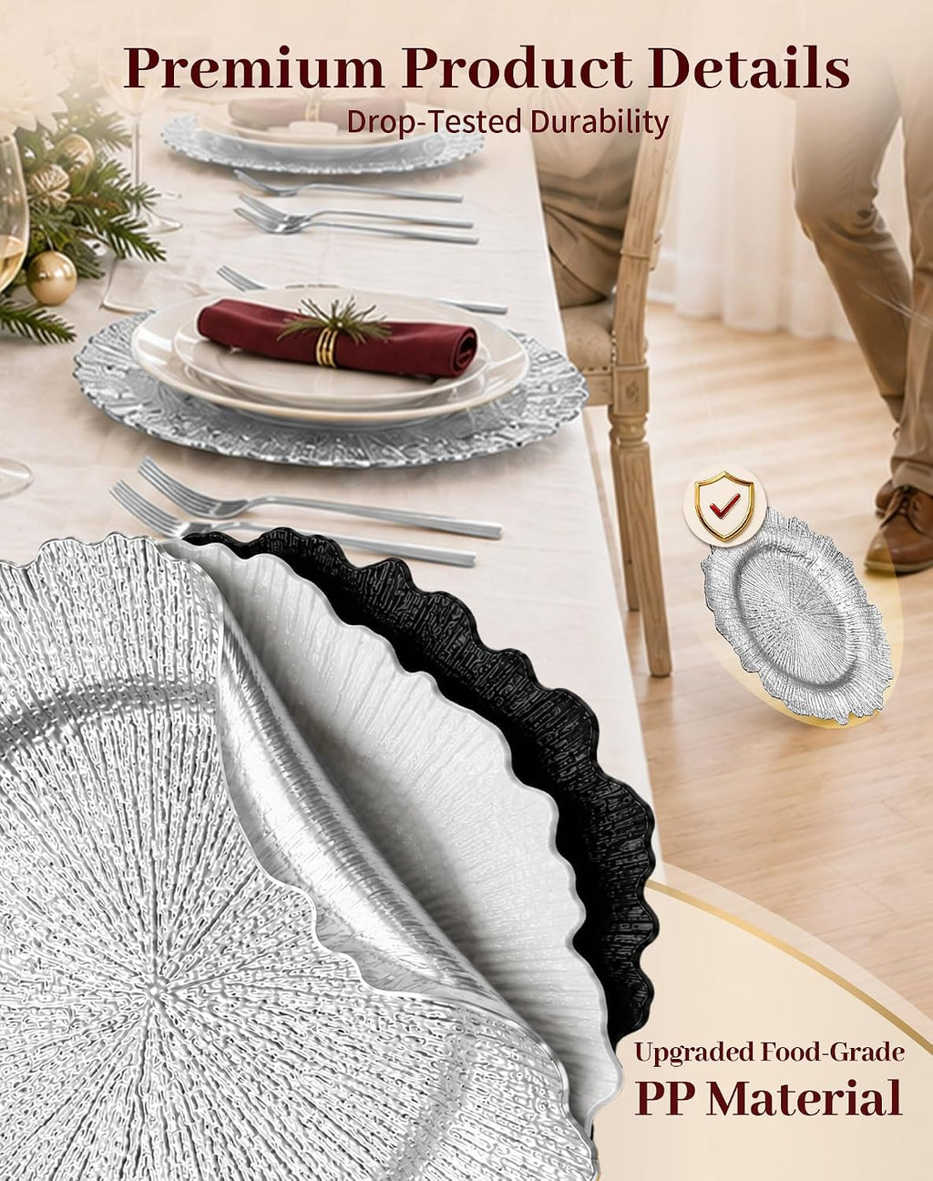 Silver Charger Plates Bulk 100Pcs, 13" Reef Chargers for Wedding