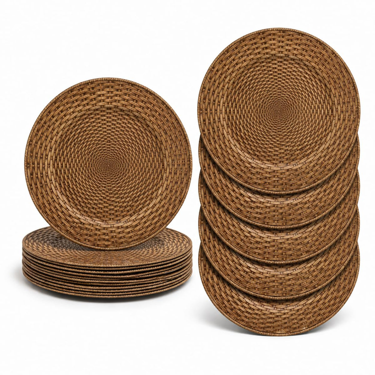 13in Charger Plates Set of 12- Faux Rattan Chargers for Dinner Plates- Brown Round Plastic Plate Charger- Farmhouse Rustic Table Charger for Wedding, Party,Halloween, Thanksgiving, Christmas