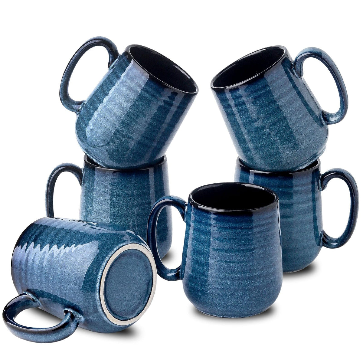 HASENSE Coffee Mugs, 15 Ounce Ceramic Coffee Mug Set of 6, Reactive Glaze Tea Cups with Handle for Milk, Hot Cocos, Latte, Stylish Blue Cup Gift for Man and Women, Dishwasher and Microwave Safe