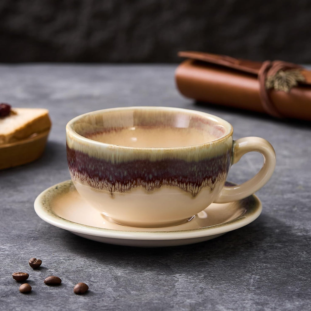 Coffeezone Vintage Design 12 oz Ceramic Latte Art Cappuccino Barista Cup with Saucer (Brown)