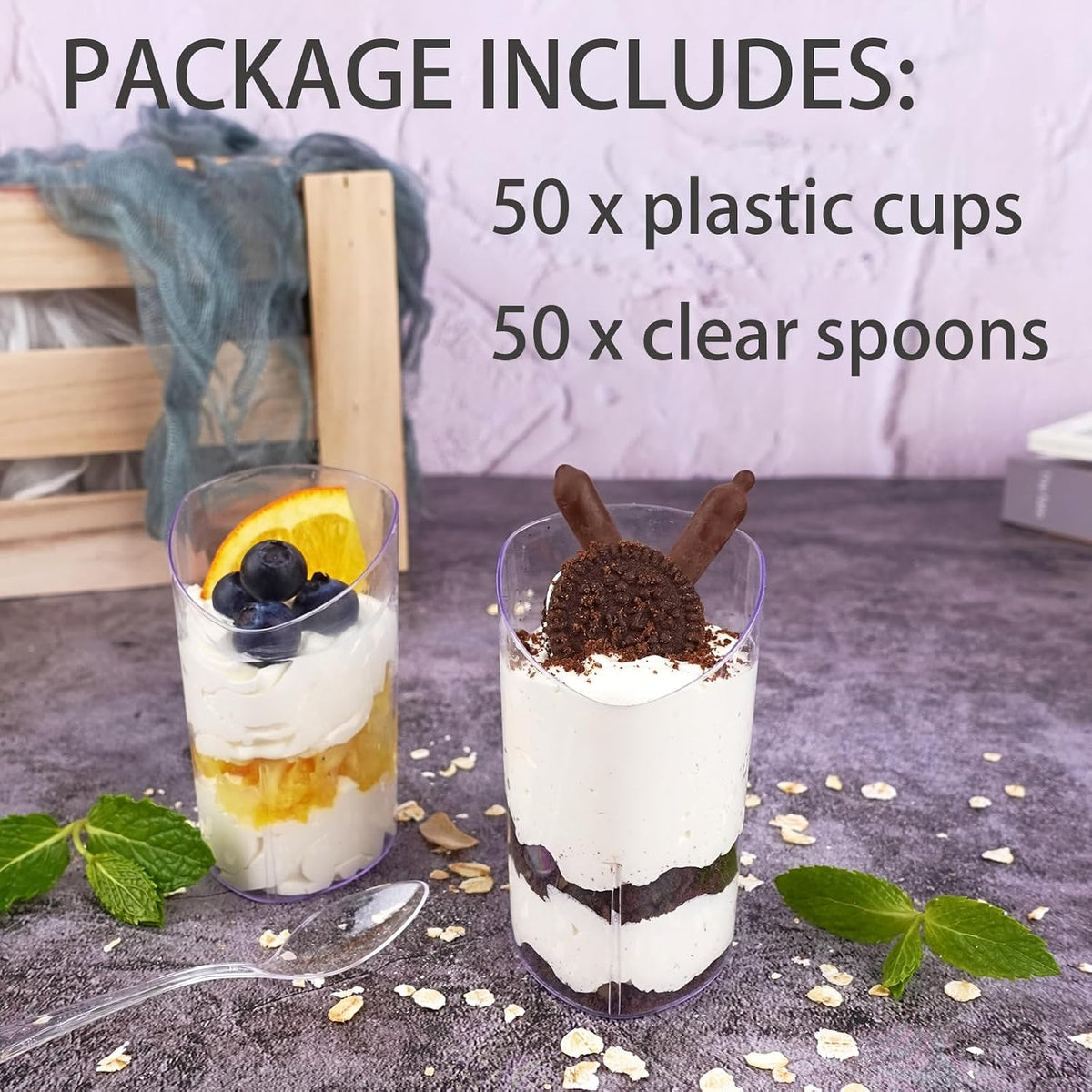 3 oz Plastic Dessert Cups with Spoons, 50 Pack