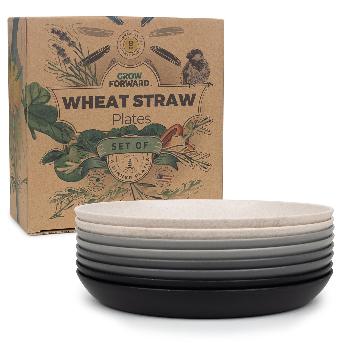 Grow Forward Premium Wheat Straw Plates - 8 Inch Reusable Hard Plastic Dinner Plates Set of 8 - Unbreakable Microwave Safe Plates for Dessert, Camping, RV, Outdoors, Patio, Kitchen Dishes - Sahara