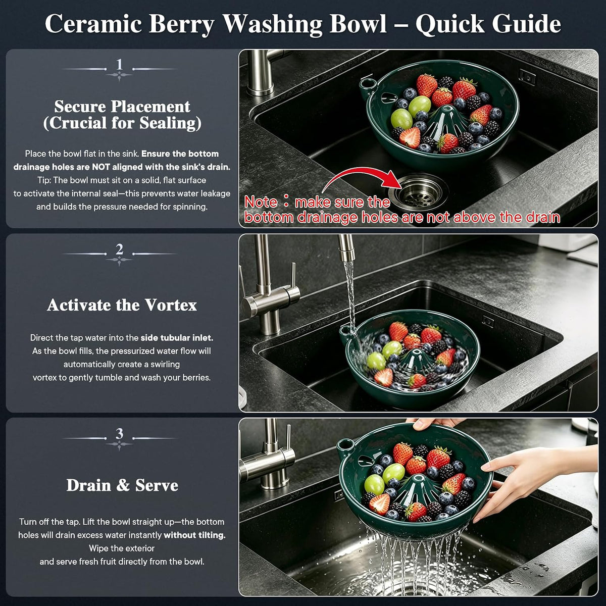 Ceramic Berry Washing Bowl with Auto-Spin Swirl Drainage