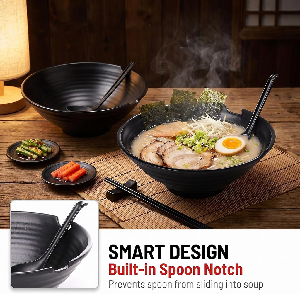 Unbreakable Japanese Style Ramen Bowl Set of 2, 37oz Black Large Matte Melamine Bowls and Spoons Set with Chopsticks & Saucers for Pho Thai Miso Udon Soup Noodles or Asian Food