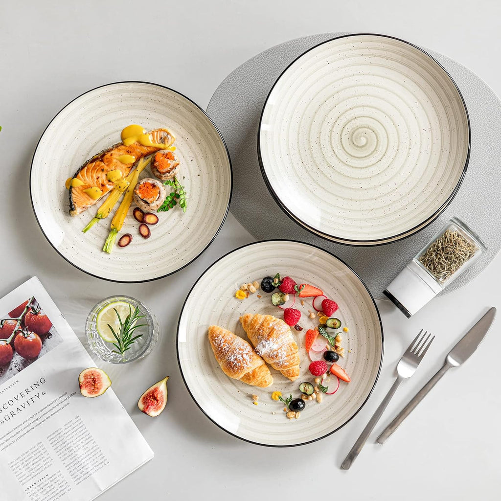 Bonbon Dinner Plates Set of 6, 10.5 Inch Ceramic Dinner Pasta Plates, Large Dinnerware Plate for Kitchen, Microwave & Dishwasher Safe Serving Bowls, Beige