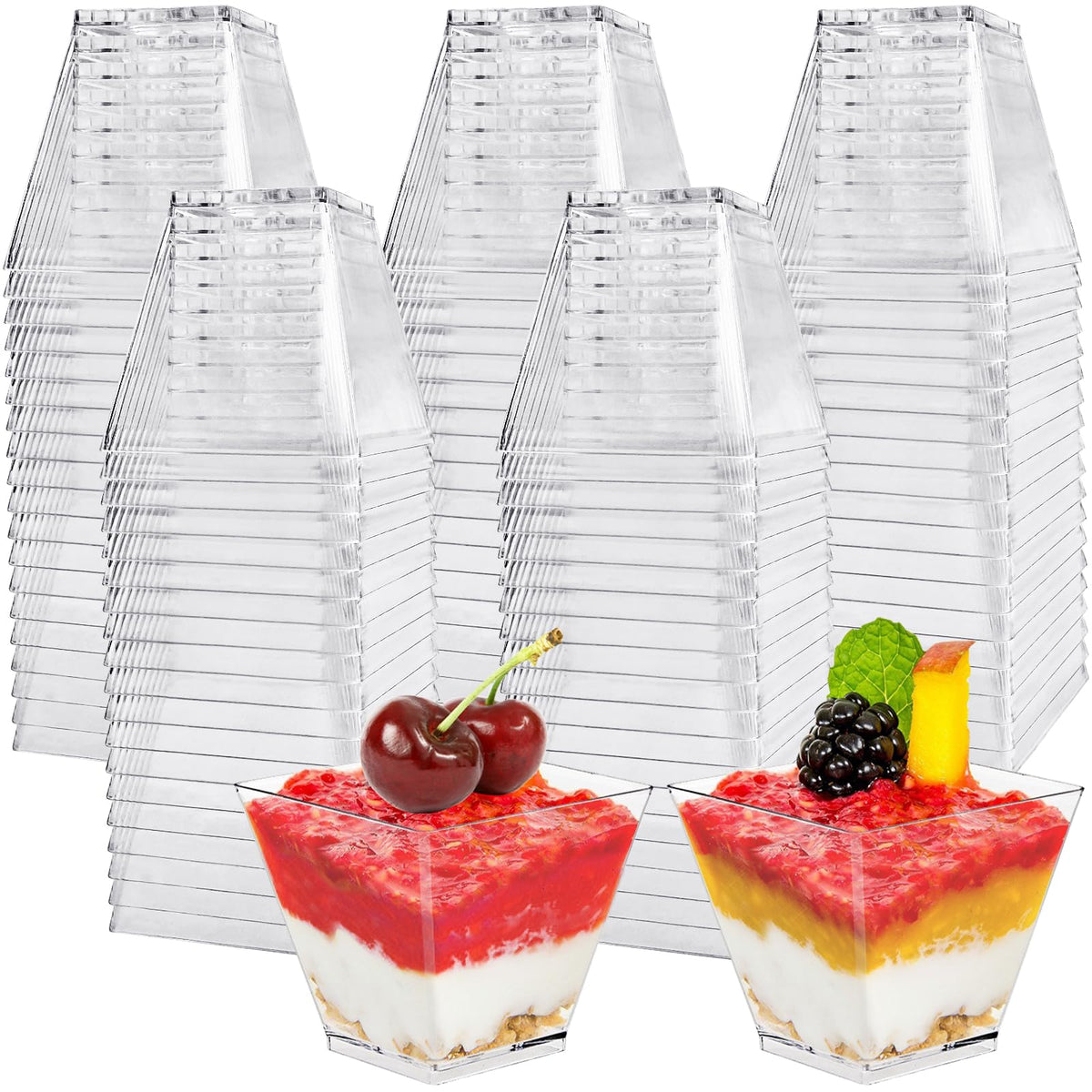 Jizvxe 50 Pack 3.5 Oz Square Dessert Cups,Plastic Clear Dessert Cups,Disposable Tasting Cups Great for Desserts,Appetizers,Mousse