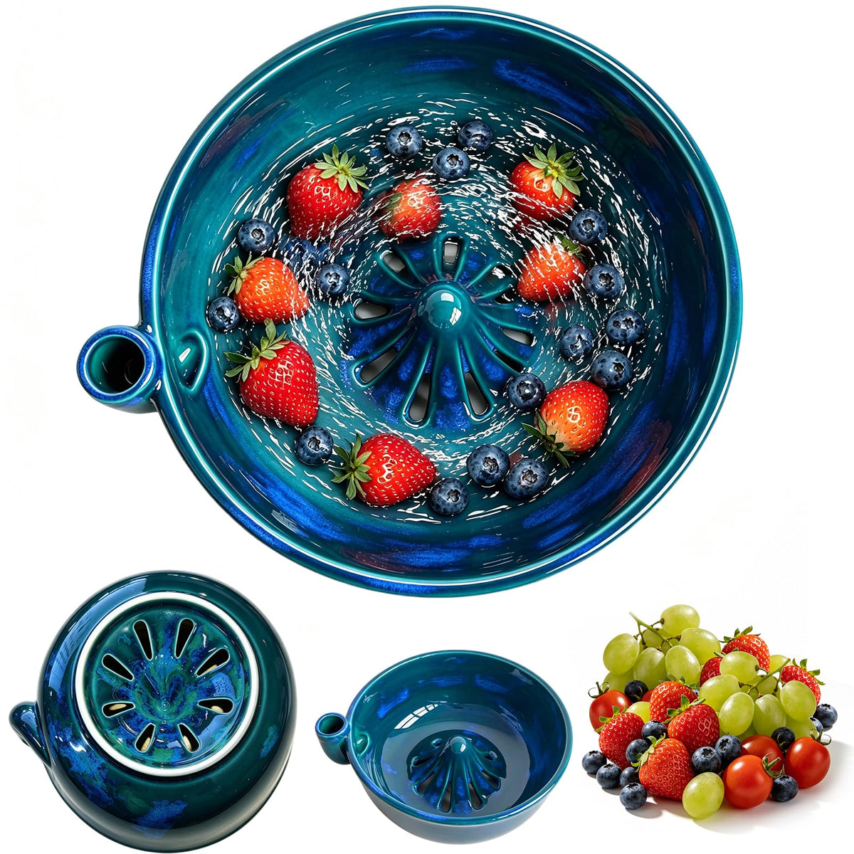 Ceramic Berry Washing Bowl with Auto-Spin Swirl Drainage