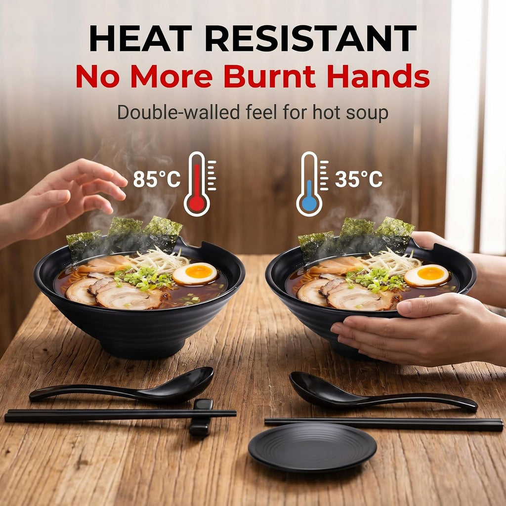 Unbreakable Japanese Style Ramen Bowl Set of 2, 37oz Black Large Matte Melamine Bowls and Spoons Set with Chopsticks & Saucers for Pho Thai Miso Udon Soup Noodles or Asian Food