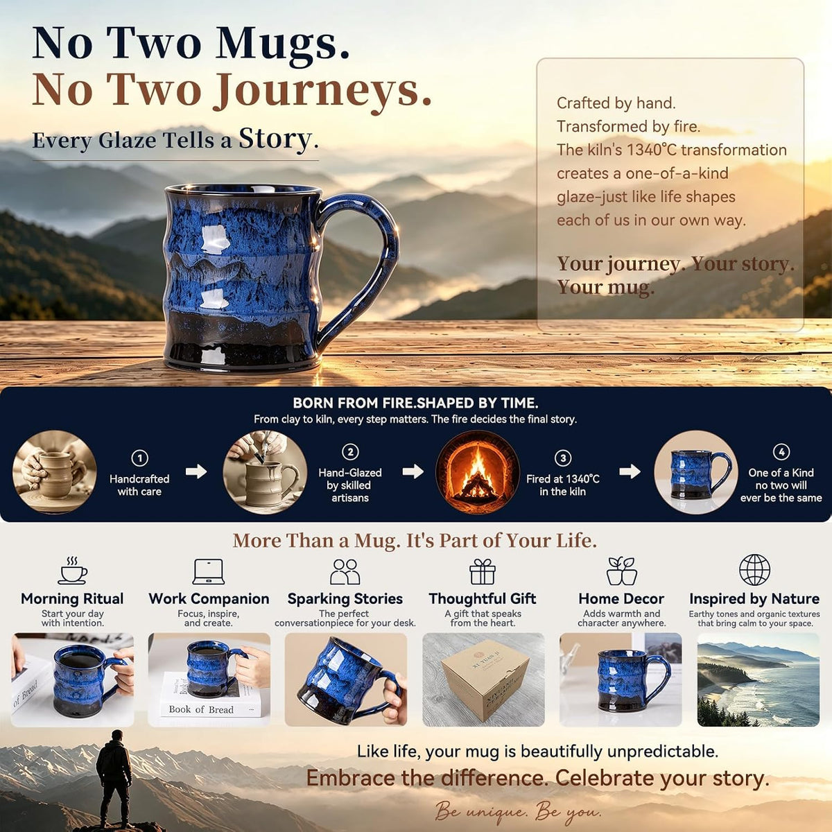 Deep Cobalt Ceramic Mug, 15oz Reactive Glaze Coffee Mug, Office Gift