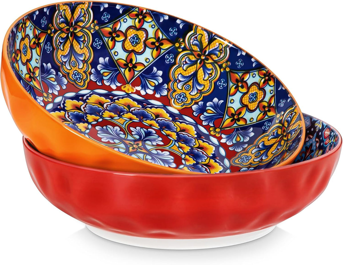 vancasso Large Serving Bowls, 78 Oz Extra Large Salad Bowls Set of 2, Bohemian Decorative Bowls for Salad, Fruit, Pasta and Dinner, Serving Dishes Set for Party, Dishwasher & Microwave Safe－02, Red