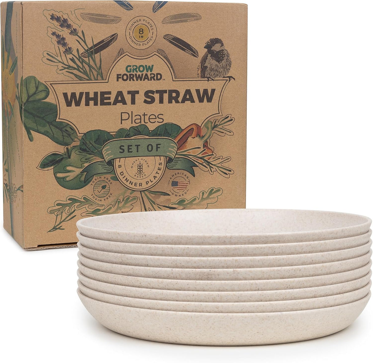 Grow Forward Premium Wheat Straw Plates - 8 Inch Reusable Hard Plastic Dinner Plates Set of 8 - Unbreakable Microwave Safe Plates for Dessert, Camping, RV, Outdoors, Patio, Kitchen Dishes - Sahara