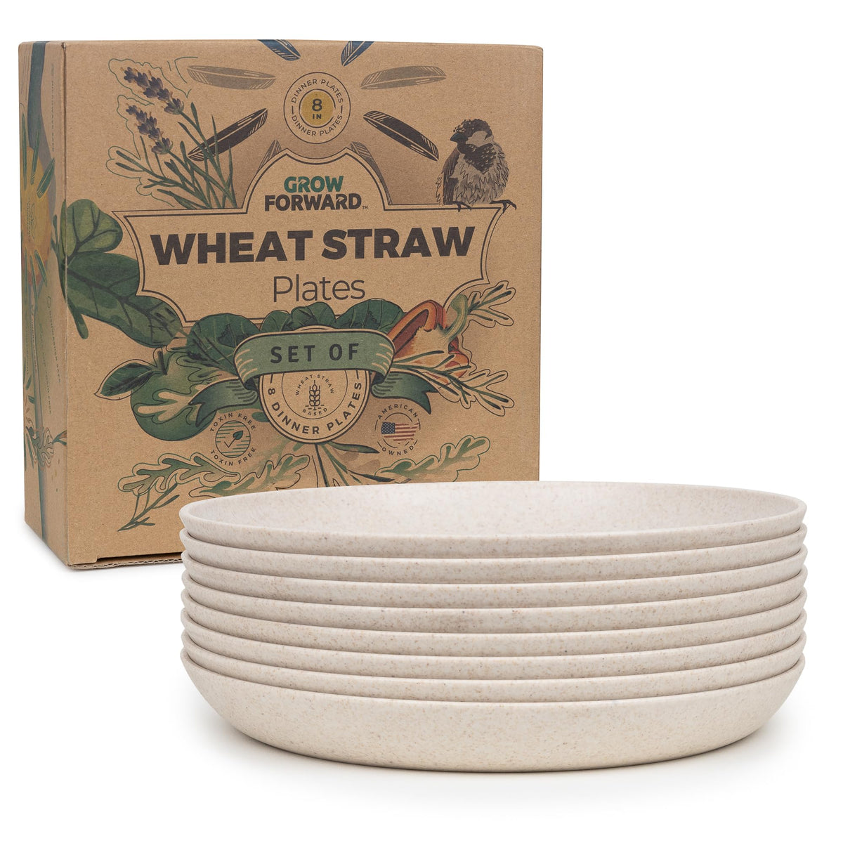 Grow Forward Premium Wheat Straw Plates - 8 Inch Reusable Hard Plastic Dinner Plates Set of 8 - Unbreakable Microwave Safe Plates for Dessert, Camping, RV, Outdoors, Patio, Kitchen Dishes - Sahara