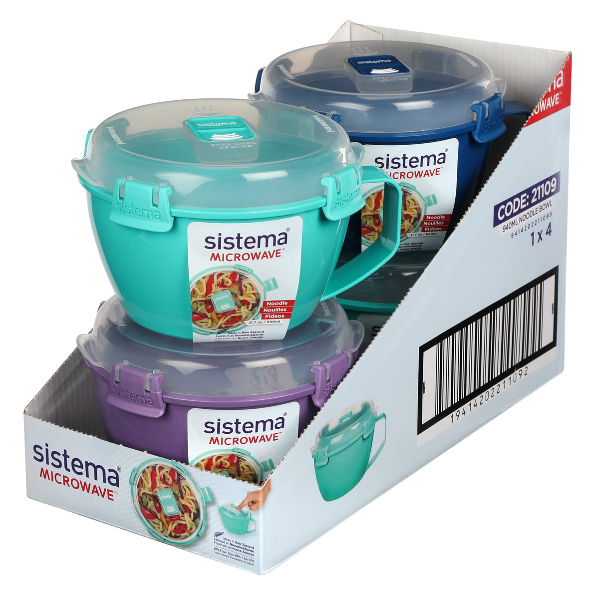 Sistema Microwaveable 940mL Noodle Bowl, Round Microwave Container with Lid & Steam-Release Vent, Cooks Pasta, Soup, Stew & More, Dishwasher & Freezer-Safe, BPA-Free